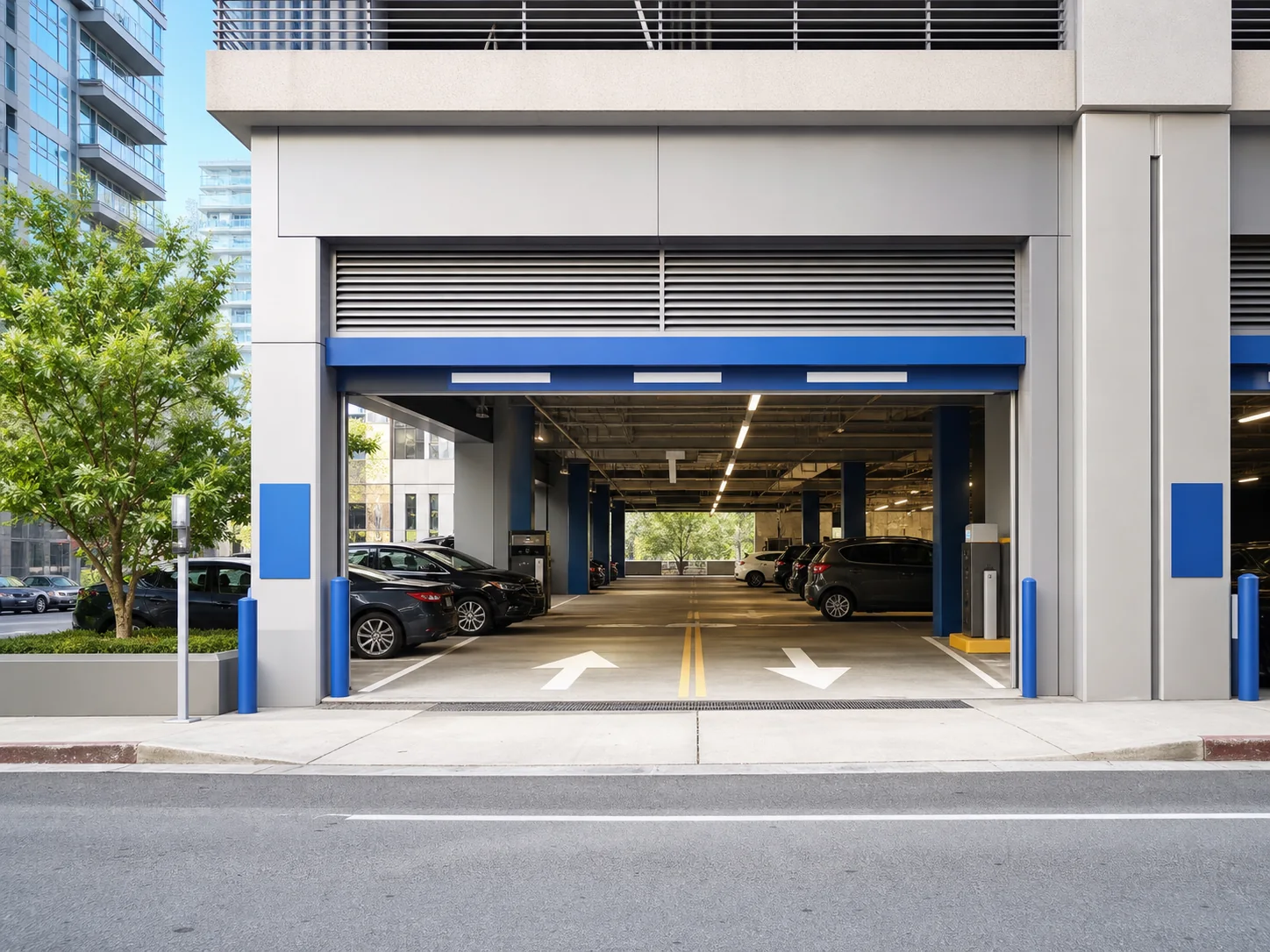 Well-lit downtown parking garage